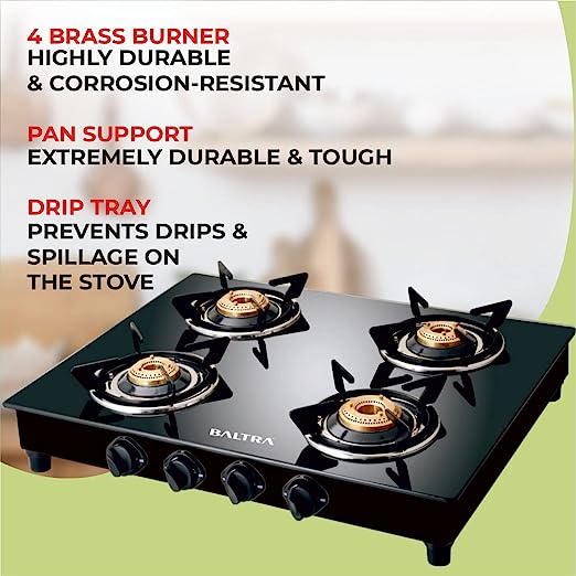 Baltra Glimmer Glass Top Gas Stove 4 Brass Burner Manual Ignition, Black (ISI Certified 2 year warranty with Doorstep Service) Baltra Glimmer Glass Top Gas Stove 4 Brass Burner Manual Ignition, Black (ISI Certified 2 year warranty with Doorstep Service)